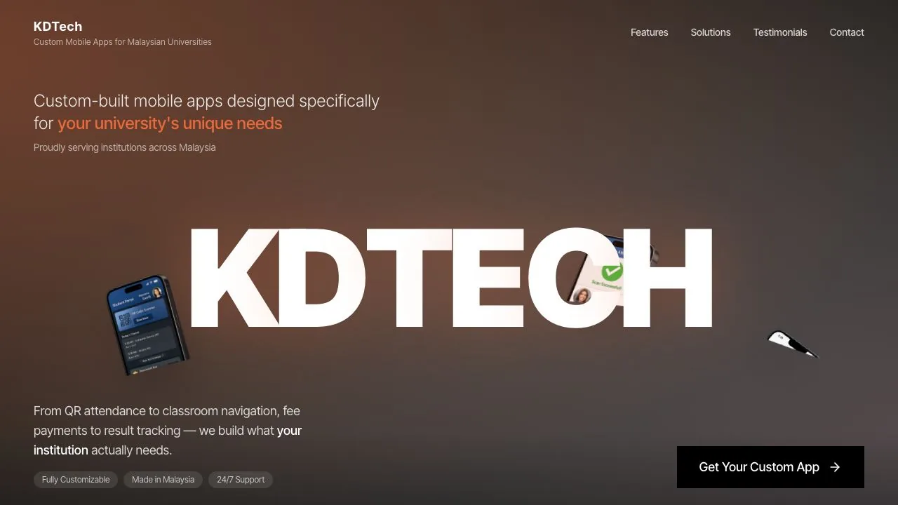Pratonton website KD Tech yang memaparkan servis pembangunan aplikasi mudah alih.
