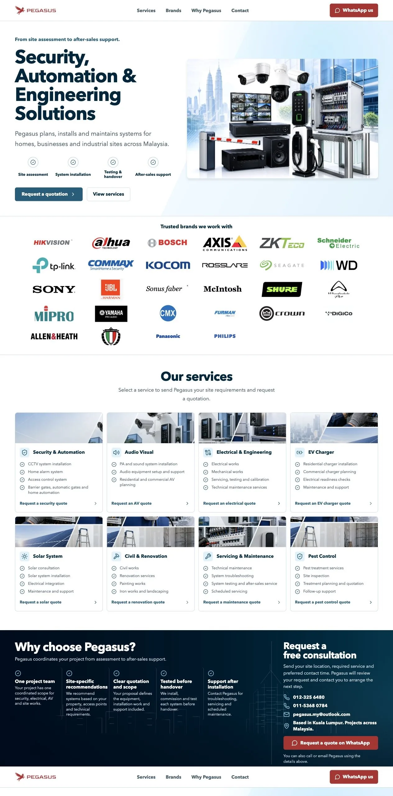 Pratonton website Pegasus AV untuk servis keselamatan, automasi dan elektrikal.
