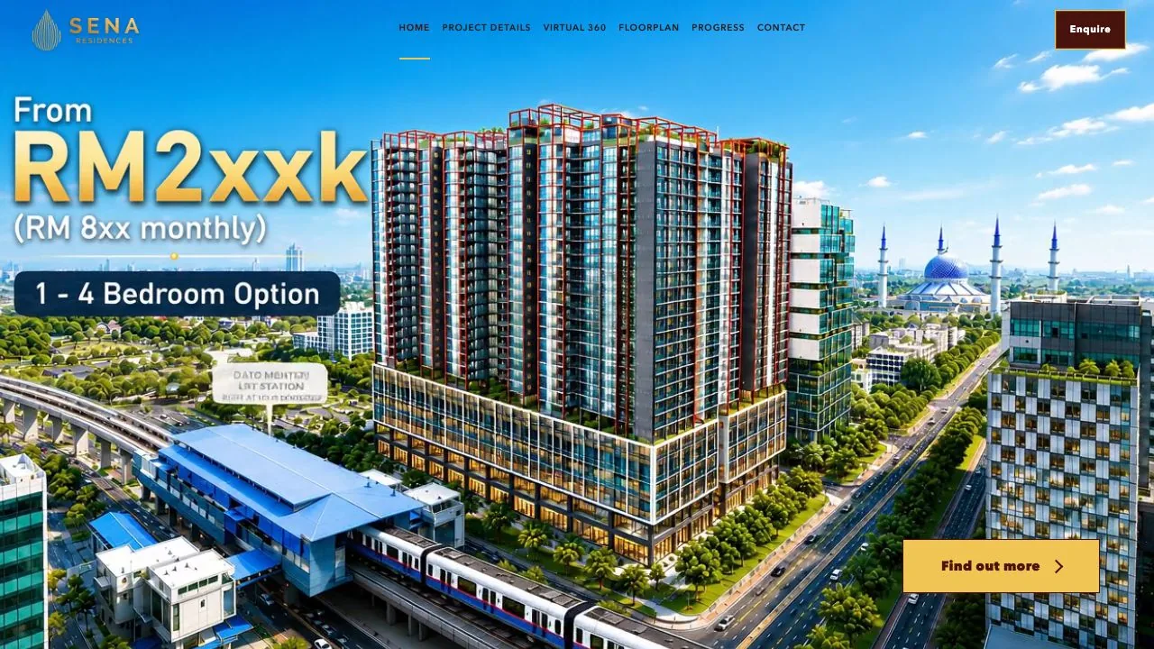 Pratonton website Sena Residence dengan maklumat projek kediaman dan pelan lantai.