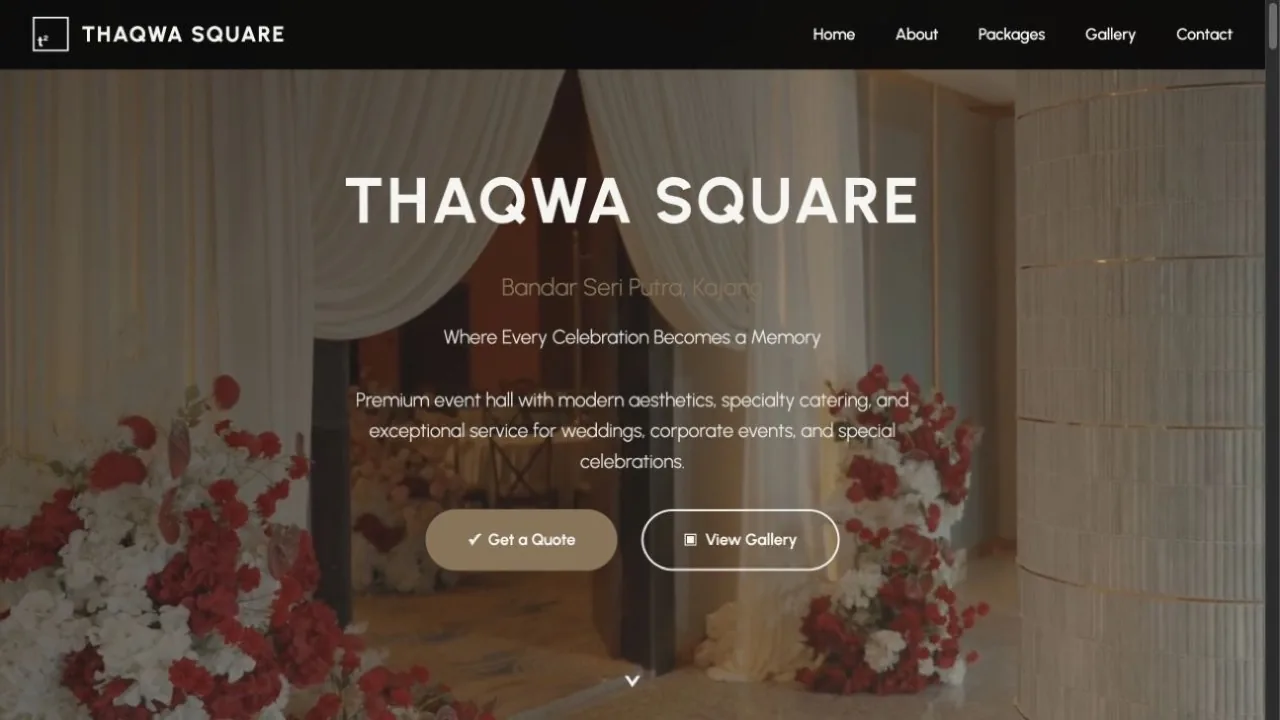 Pratonton website Thaqwa Square dengan paparan dewan perkahwinan.